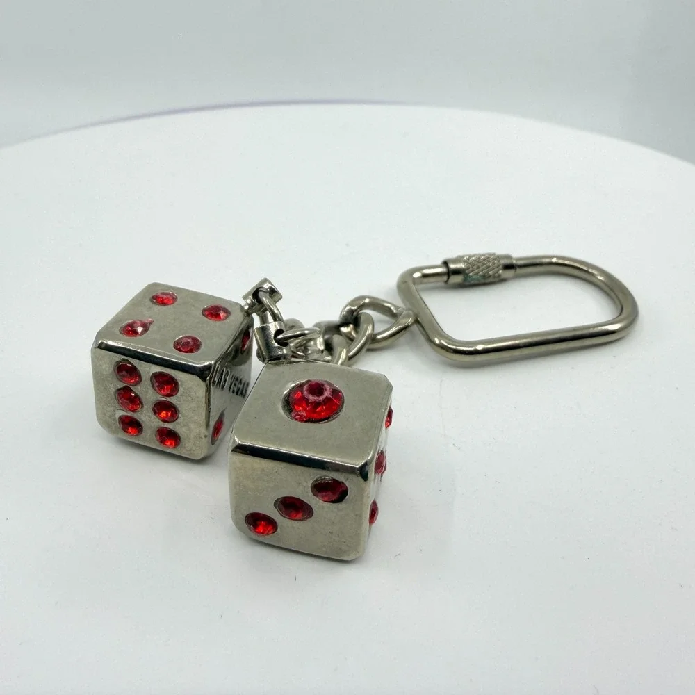 Las Vegas Red Rhinestone Dice Keychain Silver Tone Casino Gambling Souvenir